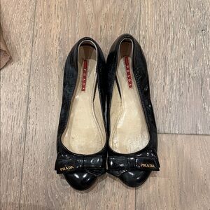 Prada Black Leather Flats with Bow Detail